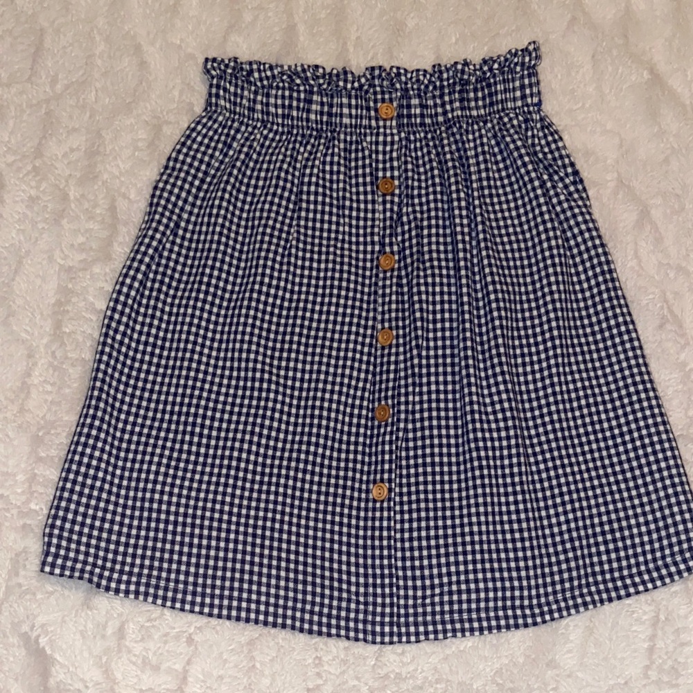 Gingham Plaid Check Navy Blue & White A-Line Cottagecore Skirt Paperbag Waist